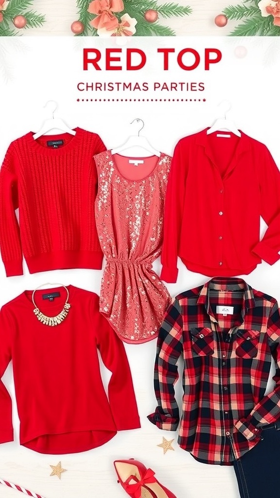 A collection of red tops for Christmas party outfits displayed with holiday decorations.